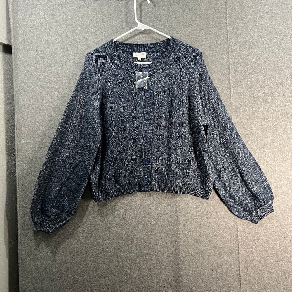 Candace Cameron Bure Pointelle Sweater with Novelty Button Midnight Blue, Medium